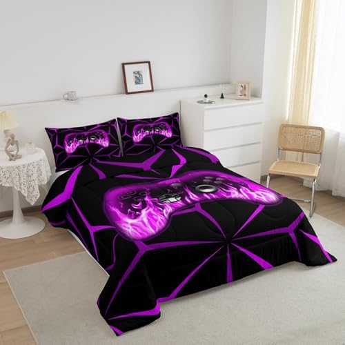 Feelyou Kids Boys Gamer Comforter Set,3D Gaming Bedding Set King Size,Teens Boys Bedroom Room Decor,Purple and Black Video Game Comforter,Gaming Bed Set All Season for Game Lovers - Image 2