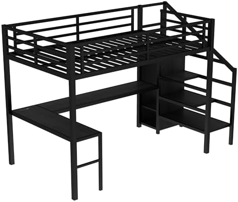 Full Size Loft Bed with Desk and Storage Stairs, Metal Loft Bed Frame with Multi-color LED Lights, Charging Station, and Hanging Rod, Heavy-duty Loftbed for Kids, Teens, Adults, Noise-free, Black - Image 7