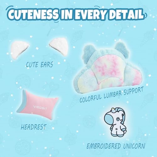 Vigosit Cute Cat Ears Gaming Chair - Pink Blue Unicorn Design, Ergonomic PU Leather Office Chairs Cute with Lumbar Support, 360° Swivel Recliner - Image 3