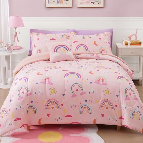 Girls Full Size Bedding Sets -4 Pieces Pink Rainbow Full Size Comforter Set by KaleidoSpaceHomeCollection