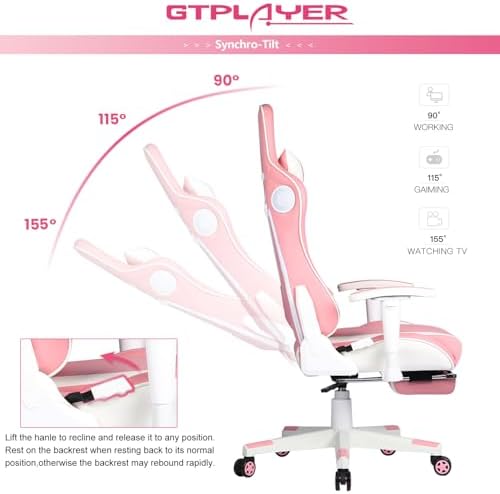 GTPLAYER Gaming Chair with Footrest Speakers Video Game Chair Bluetooth Music Heavy Duty Ergonomic Computer Office Desk Chair (Pink) - Image 6