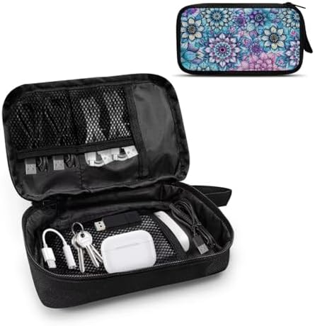 Purple Boho Flower Print Large Electronics Organizer, Travel Cord Organizer, Cable Storage Bag, Tech Accessories Case - Image 2