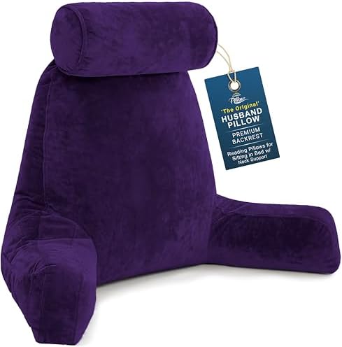 Husband Pillow XXL The Original for Adults - 30" Tall Backrest for Sitting Up in Bed - Firm Support Reading & Bed Rest Pillows for Adults, Neck Roll, Removable Cover - TV - Purple by HusbandPillow