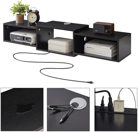 IBUYKE Floating TV Stand Wall Mounted with Power Outlet,Modern Wood Wall Mounted Media Console Shelf,Floating Entertainment Center for Under TV Storage for Living Room Bedroom Office,Black WST001B- - Image 6