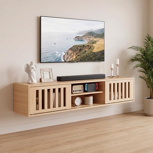 59" Floating TV Stand Wall Mounted with Power Outlet, Natural by LANDASSYHOME