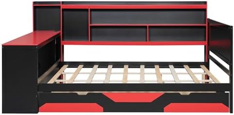Merax Queen Size Gaming Daybed with Integrated Desk and Lights, Wooden Platform Bed Frame with 3 Storage Drawers and Built-in Charging Station, Multi-Functional Headboard Shelves, No Box Spring Needed - Image 5