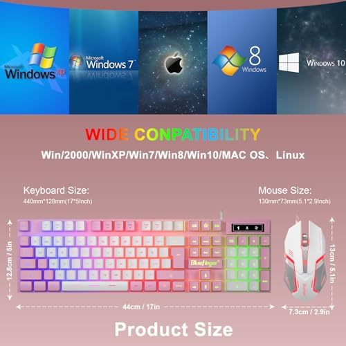 BlueFinger RGB Gaming Keyboard and Backlit Mouse Combo, USB Wired, LED Gaming Set for Laptop PC Computer Game and Work (Pink & White) - Image 7