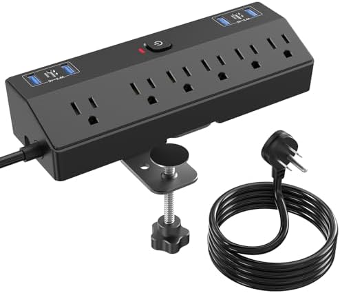 Desk Clamp Power Strip 6FT with 40W USB C Ports, JXGUCAT Flat Plug Desk Mount Power Strip Surge Protector, Removable Extension Cord with 2 USB-C Ports 6 Outlets, Fits 1.8" Tabletop Edge, Black by JXGUCATpowerstrip