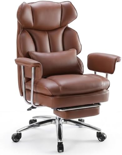 DUMOS Ergonomic Home Office Desk Chair, Executive Chair, PU Leather | Big Tall High Back, Lumbar Support, Reclining Height Adjustable, Computer Gaming, Footrest Swivel Wheels, Brown - Image 3