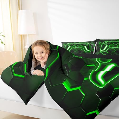 Erosebridal Gamer Comforter Set Neon Honeycomb Gaming King Bedding Set, Game Boy Games Comforter Green Hexagon Lights Duvet Insert,Boys Bedroom Decor - Image 5