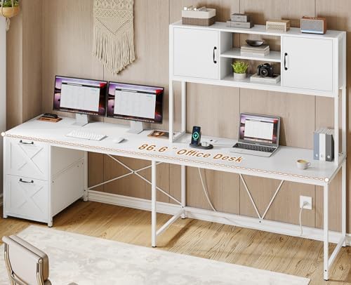 SEDETA Farmhouse White L Shaped Office Desk with Drawers, Storage Shelves - Image 3