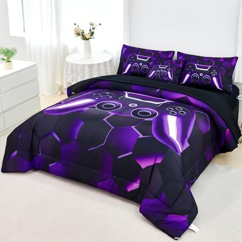 URBONUR 6Pcs Kids Gaming Comforter Set Queen Size for Teen Boy Black Purple - Image 2