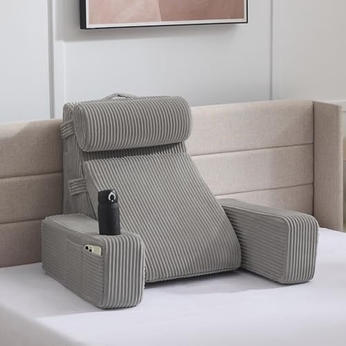 Reading Pillow for Sitting in Bed Adult, Back Pillow for Bed Sitting up with Arms, Pockets and Cup Holder, Sit Up Backrest Pillows for Beds Chair Support, Rest Pillow for Gaming by Paxato
