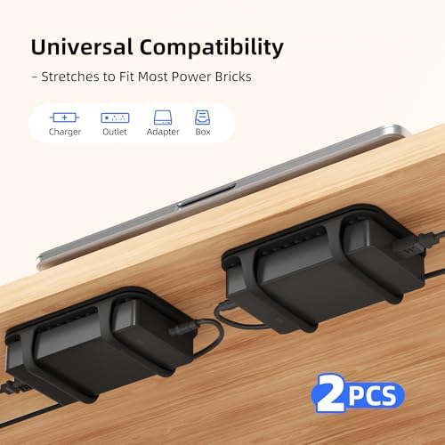 2 Pack Universal Silicone Laptop Charger Holder,Under Desk Power Brick Mount Organizer for Charging Brick & Cables,Flexible Non-Slip Power Bricks Mount,Secure Supply Holder for Laptop Charger,Black - Image 2