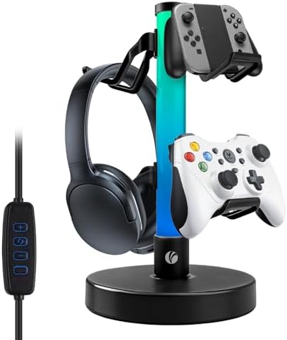 VCOM Headphone Stand with 17 Light Modes, Gaming Controller Holder with Remote Control, PC Gaming Accessories for Desk, Universal Organizer Headpsets/Xbox/PS5 Headset Stand Gamer Gifts by VCOM