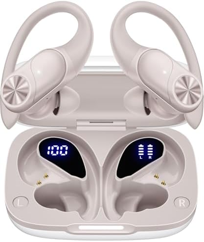 PocBuds Bluetooth Headphones Wireless Earbuds 80hrs Playtime Wireless Charging Case Digital Display Sport Ear Buds with Earhook Deep Bass IPX7 Waterproof Over-Ear Earphones for Phone Laptop Beige by PocBuds
