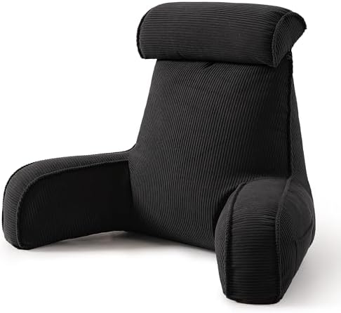 Corduroy Reading Pillow for Sitting Up in Bed, Bed Rest Backrest Pillow with Arms, Low Back Support Cushion with Side Pockets & Washable Cover, Back Support for Sofa Couch Relax, Lamp Black by Ailuteie