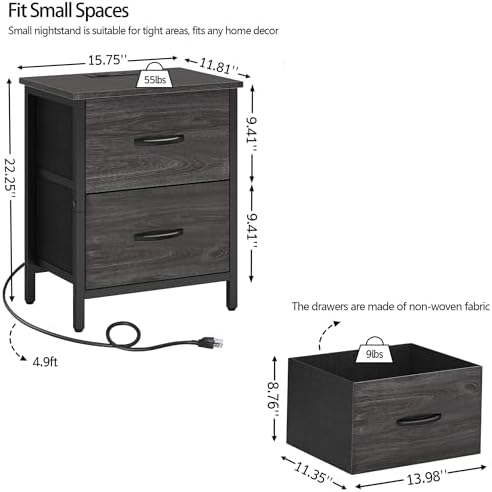 Vagusicc Nightstand Set of 2 with Charging Station, End Table Bedside Table with Power Outlet & USB Ports, Side Table with 2 Fabric Drawers for Bedroom, Living Room, Gray Walnut - Image 3