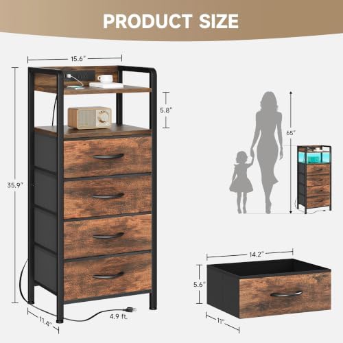 Lazzanto Nightstand with Rear Charging Station, LED Light, 4 Drawers, Brown - Image 3