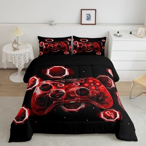 Feelyou Kids Red Gamer Comforter Set Full Size, Game Console Bedding Set Space Universe Gaming Comforter Boys Girls Gamepad Teens Duvet Set Bedroom Decor 3Pcs - Image 2