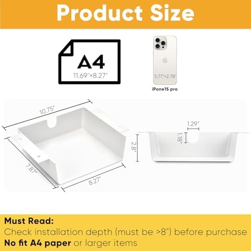 4 Pack Under Desk Hanging Shelf Drawer Organizer, Attachable Plastic Hidden Storage Tray, Easy Adhesive Mount Holder for Standing Tables, Office, Counters, Cabinets, Workstations - White - Image 6