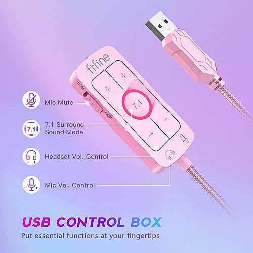 FIFINE USB Gaming Headset, PC Over-Ear Wired Streaming Headset with 3.5mm Jack, Detachable Microphone, 7.1 Surround Sound, Control Box, Passive Noise Cancellation, for PS5/Xbox/Switch-H9 Pink - Image 6
