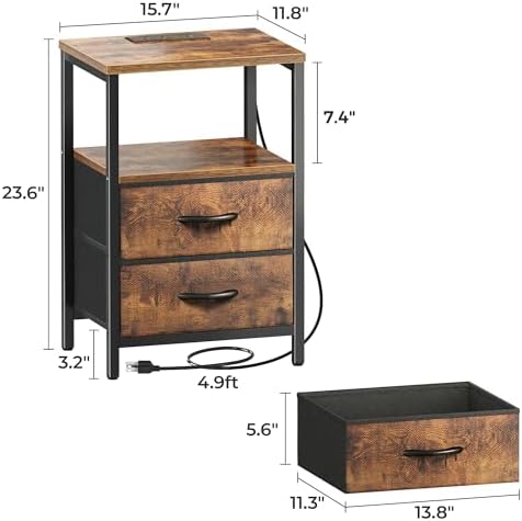 Huuger Nightstand with Charging Station, Side Table with Fabric Drawers - Image 3