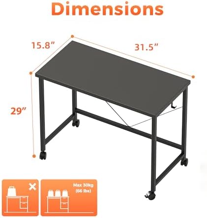 Mericonia 32x16 Inch Computer Desk with Wheels, Small Simple Rolling Desk - Image 2