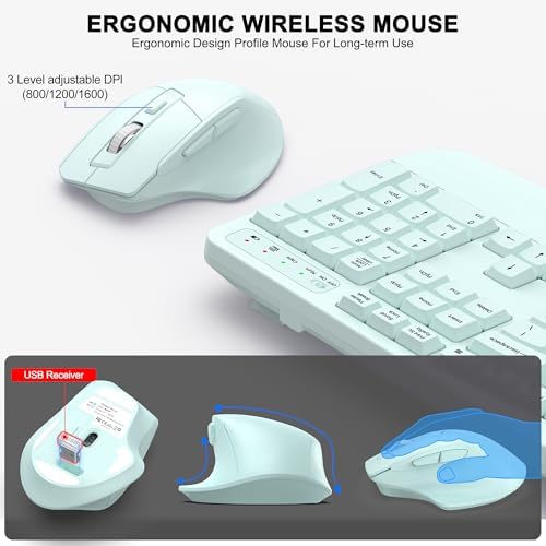 Wireless Keyboard and Mouse Combo, 2.4G Ergonomic Wave Key(Mint Green) - Image 4