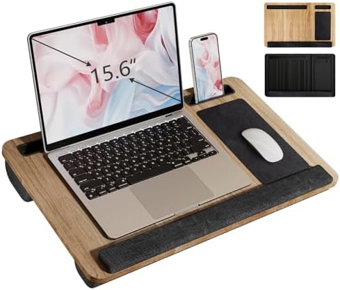Portable Lap Desk for Laptop, Wood Lapdesk Bed Table with Handle Fits up to 15.6 inches Tray Table with Soft Pillow, Mouse Pad, Wrist Pad & iPad/Phone Slots, Laptop Stand 21.6 x 13.4in-Walnut by PHANCIR