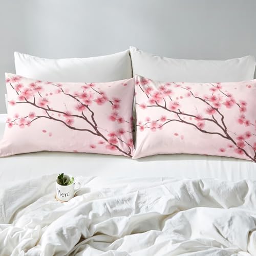 Cherry Blossoms Bed Sheets Girl Pink Floral Sheet Set King 4 Pcs Japanese Spring Bed Sheets Set + Blossom Petal Branch Floral Flat Sheet + Decor 2 Pillow Cases For Women,Girly Romantic Style - Image 5