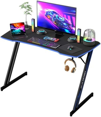 BestOffice 39" Gaming Desk Computer Gaming Desk Z Shaped Gaming Workstation Ergonomic Gaming Table with Headphone Hook for Game Players,Black&Blue by BestOffice