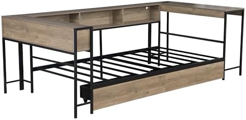 Bellemave Full Size Corner Bed Frame with Storage Drawers, Bookcase and Side Desk, Full Corner Bed with Light and Charging Station, Daybed for Bedroom, Living Room, Guest Room Gray - Image 6