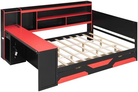 Merax Queen Size Gaming Daybed with Integrated Desk and Lights, Wooden Platform Bed Frame with 3 Storage Drawers and Built-in Charging Station, Multi-Functional Headboard Shelves, No Box Spring Needed - Image 6