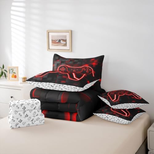 Feelyou Kids Gamer Queen Comforter Set Sheets 7 Piece Red Black Bedding Set - Image 5