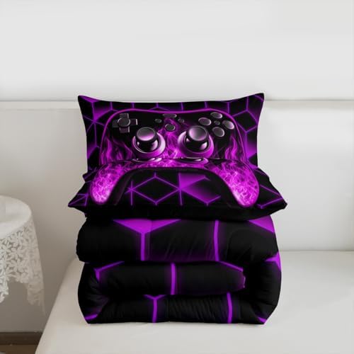 Purple Gaming Comforter Sets for Boys Gamer Gifts,Neon Geometric Toddler Bedding Sets for Boys,3D Geometric Kids Comforter Set Flame Gaming Consoles Decor Boy Bedroom Decor - Image 7