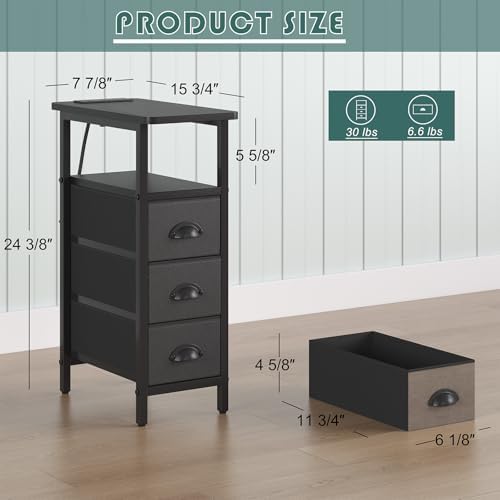 sthmec End Table with Charging Station,Narrow Side Tables with USB Ports and Outlets,Skinny Bedside Tables with 3 Drawers,Small Tables Nightstands for Small Space,Slim Sofa Table for Livingroom,Black - Image 3