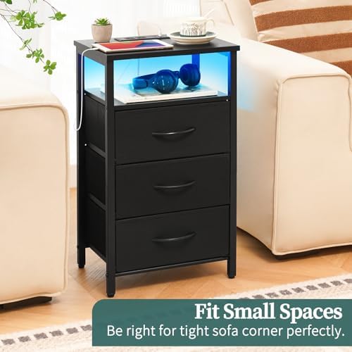 Yoobure Night Stand with Charging Station, Black Nightstand with 3 Fabric Drawers and Storage Shelf, LED End Table with USB Ports and Outlets, Bedside Table for Small Space, Small Dresser for Bedroom - Image 5