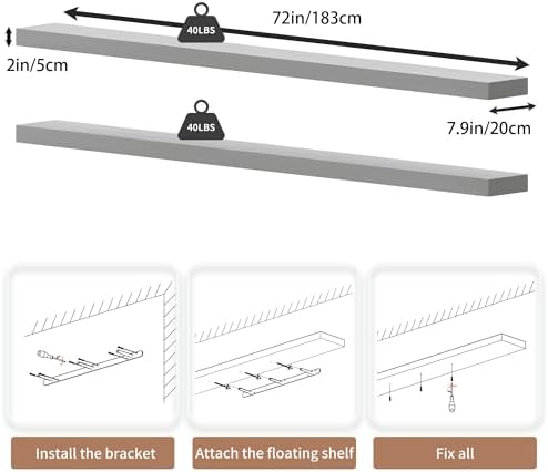 72 inch Long Floating Shelves for Wall,Solid Wood Long Shelves Set of 2,White Wooden Wall Mounted Shelf,Bookshelf Bathroom Shelves (White, 72 Inch) - Image 2