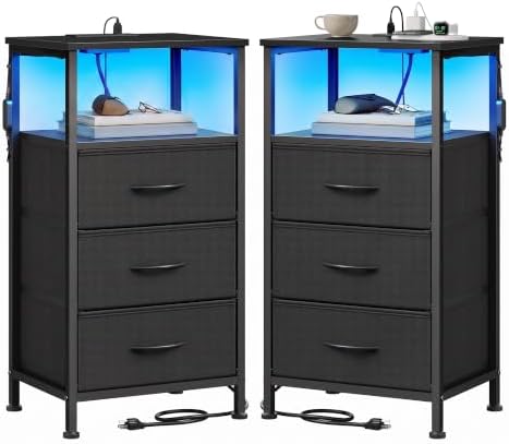 SONGMICS Nightstand with Charging Station, 3 Fabric Drawers by Unknown
