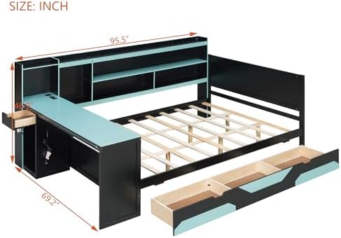 Merax Queen Size Gaming Daybed with Integrated Desk and Lights, Wooden Platform Bed Frame with 3 Storage Drawers and Built-in Charging Station, Multi-Functional Headboard Shelves, No Box Spring Needed - Image 2