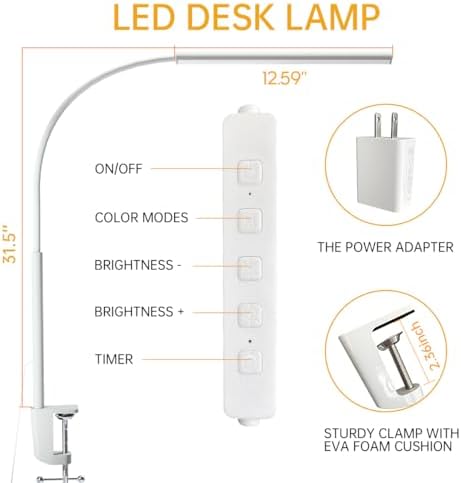 LED Desk Lamp with Clamp, 5 Color Modes & 10 Brightness Levels, Eye-Caring Desk Light, Flexible Gooseneck, Memory Function, Adapter Included for Home Office, Reading & Study - Image 4
