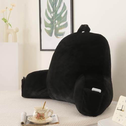 Large Plush Backrest Pillow for Sitting in Bed,Faux Fur,Black | 19" Back Pillow with Arms Supports Adults,College Students,Elbows & Forearms for Dorm Reading,Gaming,Watching TV by PAJEO