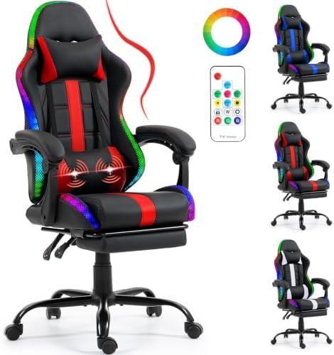 ECOTOUGE Gaming Chair, Massage Computer Chair with Footrest, RGB Red | Premium PU Leather; Ergonomic Massage Lumbar; 90-135° Recline; Height Adjustable; Retractable Footrest; 330Lbs Steel Frame by ECOTOUGE