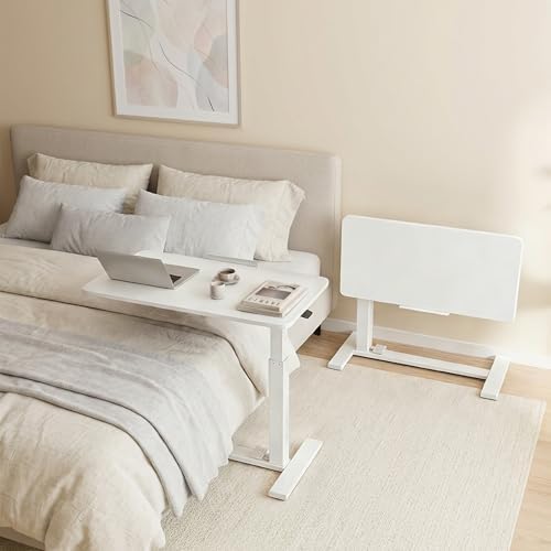 DUMOS Overbed Table with Wheels, Height-Adjustable Bedside Table, White - Image 2