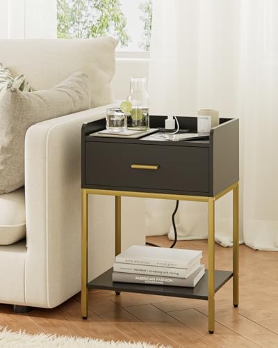 Masupu Nightstand with Charging Station,3-Tier Modern Bedside Night Stand with Storage Drawer and Shelf,Small End Side Table for Bedroom,Living Room,Gold and Black - Image 6