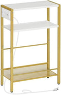 HOOBRO Small Narrow Side Table with Charging Station, Skinny End Table for Small Spaces, Slim Nightstand with USB Ports Outlet, Sofa Beside Table with Storage Shelf, White and Gold DW102UBZ01 by HOOBRO
