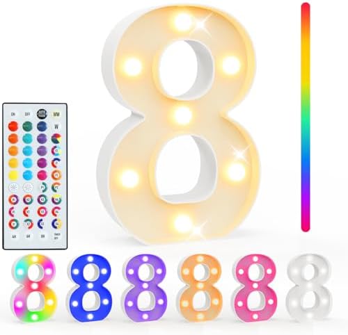 Pooqla Colorful Lighted Numbers with Remote, 35 Colors Light Up Numbers for Party, RGB LED Marquee Number Lights Gift for Girls Boys 8th Birthday Decoration Wedding Bar Night Light Home Decor Number 8 by Pooqla