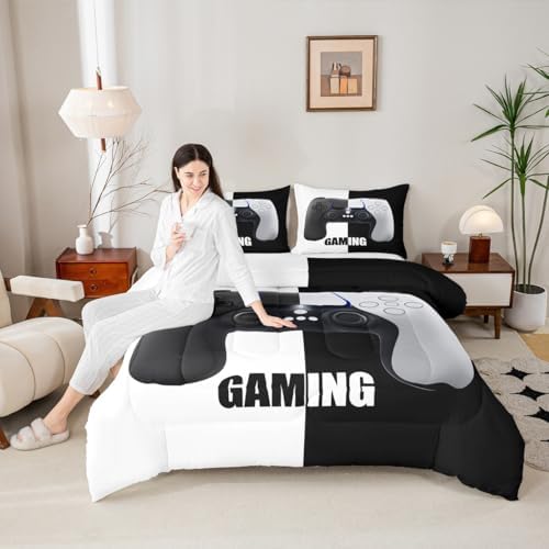 Feelyou Kids Video Games Comforter Set Gaming Reversible Bedding Set for Child Boys Girls Gamepad Comforter Modern Gamer Action Buttons White Black Design Quilt Set Bedroom Collection 2Pcs Twin Size - Image 5