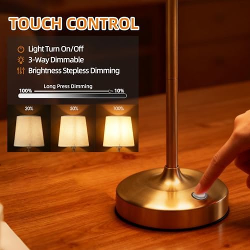 Deogos Cordless Table Lamp Gold with Dimmer, 4000mAH Battery Operated Lamp Rechargeable, 3 Color Temperature Touch Control Fabric Desk Light for Dining Room, Bedroom, Bar, Patio, Counter, Restaurant - Image 4